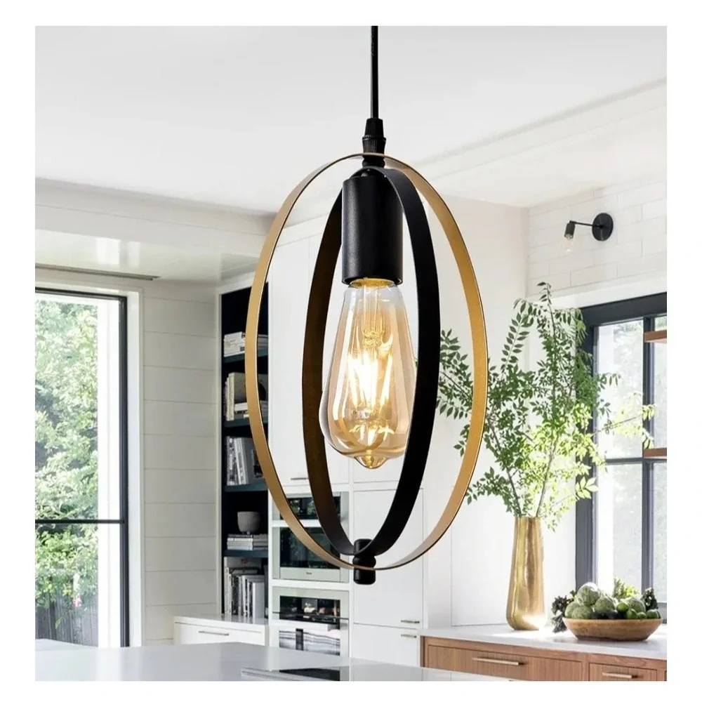 Pendant Light Dotokotl Lighting Double Ring Black Gold Metal‎ Modern MCM Style